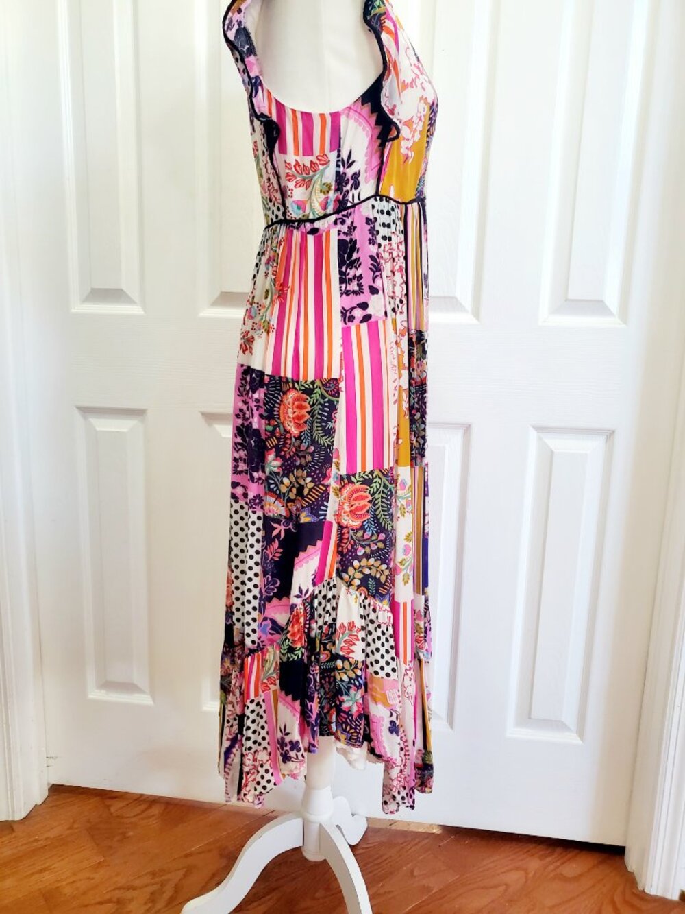 Anthropologie Patchwork Midi Dress Size 8 Boho Floral Stripe V Neck Tiered Color - Picture 6 of 14